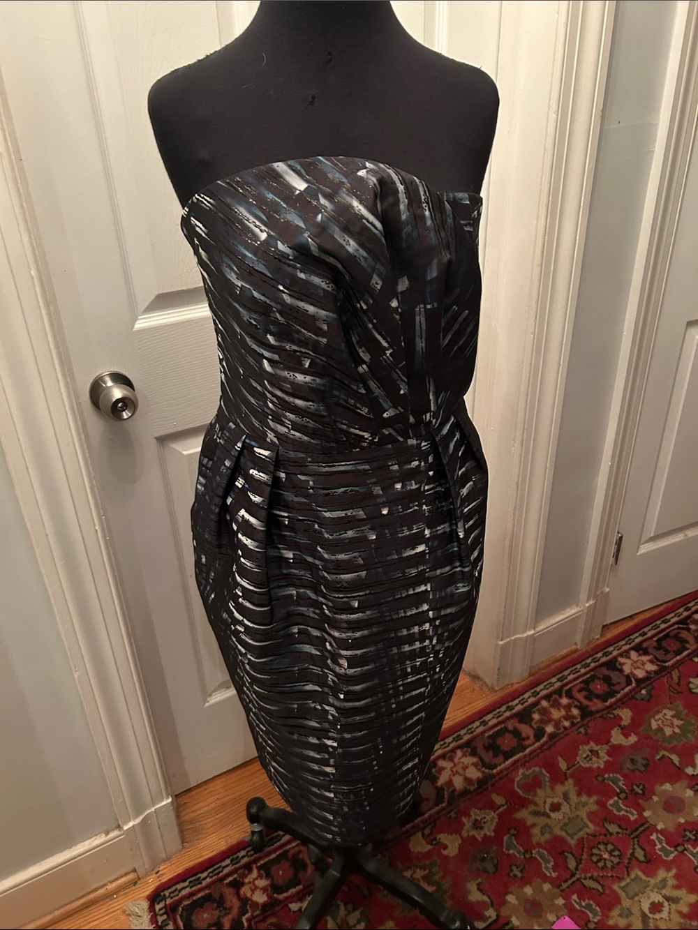Armani Collezioni Strapless Black Dress with Silver and Blue Accents